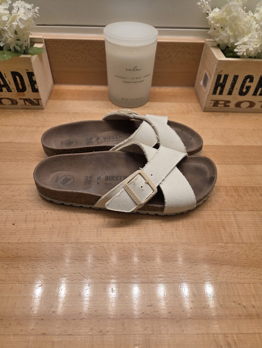 Birkenstock Siena Vegan Sandal Eggshell Canvas Criss-Cross Strap Womens Sz EU 39